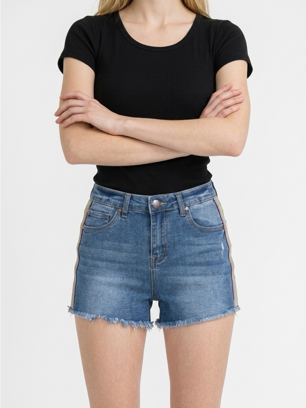 Dollhouse Juniors Sz 7/28 Rainbow-stripe High-rise Denim Shorts Midtown Blue $39